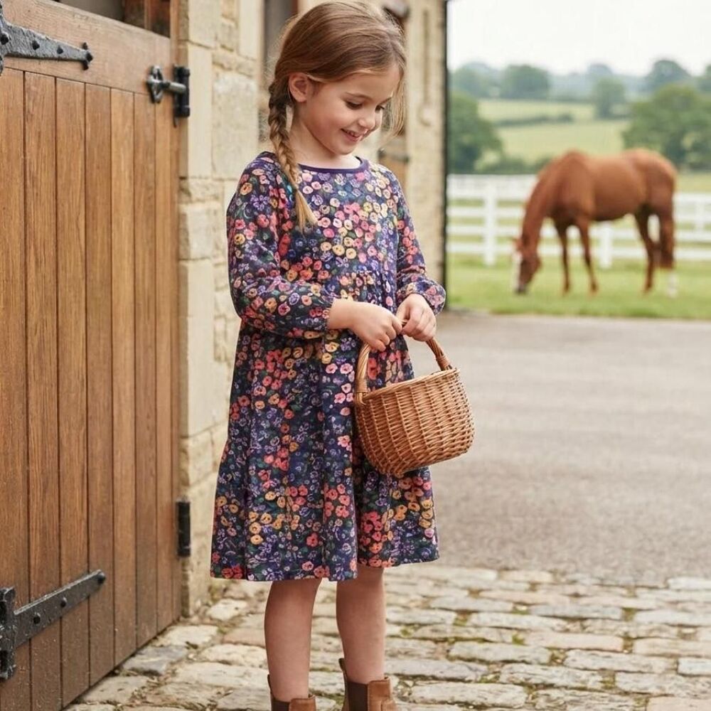 Hanna Andersson Girls Floral Long Sleeve Dress Size 130 Bow Accent